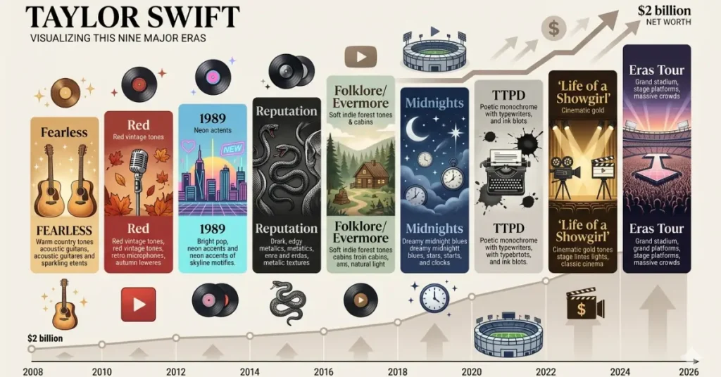 Best 9 Taylor Swift Eras: Years to Match Her 2026 Net Worth timeline infographic (2008–2026)