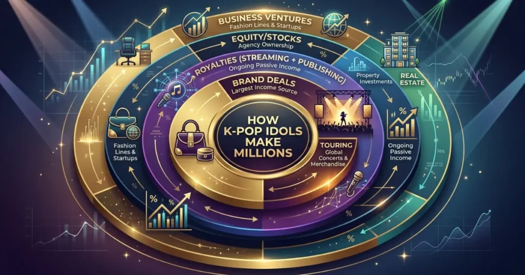 Top 12 K-Pop Idols: Can You Match Their Net Worth in a Lifetime? income sources breakdown showing how idols earn from brands, tours, royalties and investments