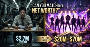 Top 12 K-Pop Idols: Can You Match Their Net Worth in a Lifetime? dramatic featured image comparing idol wealth vs average lifetime earnings