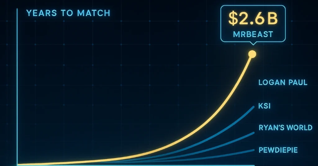 Best 9 YouTube Creators: Years to Match MrBeast's 2026 Wealth timeline chart showing growth comparison and years required to reach MrBeast net worth